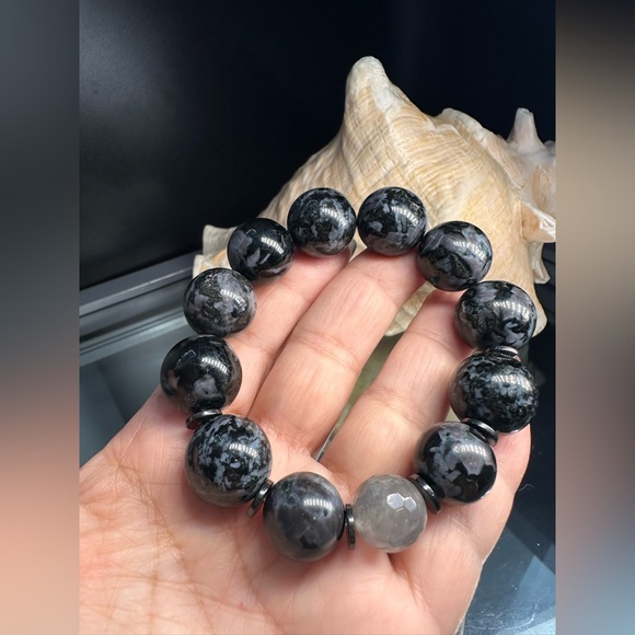 INDIGO GABBRO + GREY RUTILATED QUARTZ   STONES NATURAL BRACELET 7 - Picture 8 of 15